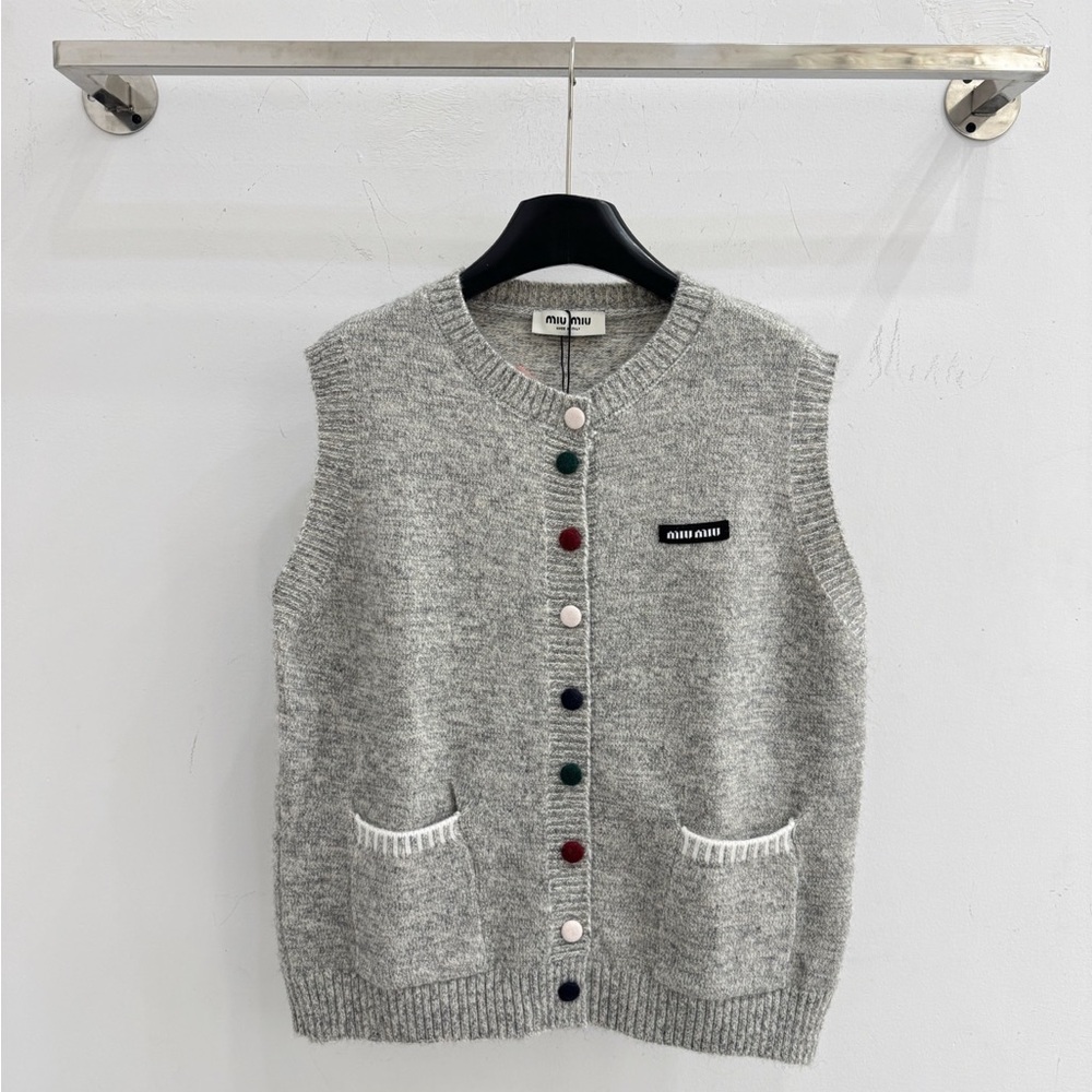 Miu Miu Light Gray Knit Sleeveless Cardigan Vest with Multicolor Buttons